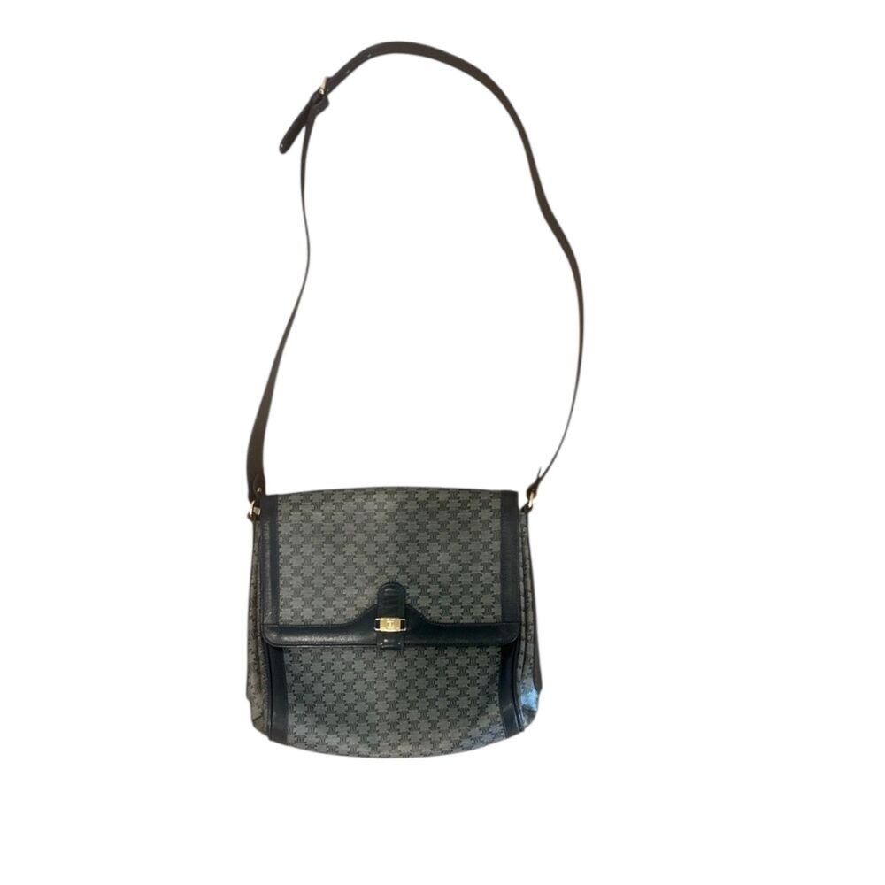 CELINE Vintage Macadam Shoulder Bag Navy Logo Leather Crossbody Rare Authentic